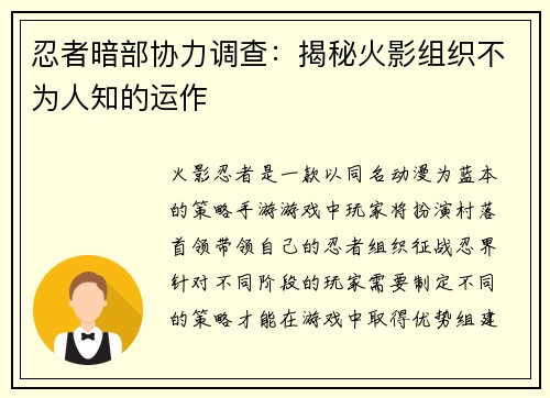 忍者暗部协力调查：揭秘火影组织不为人知的运作